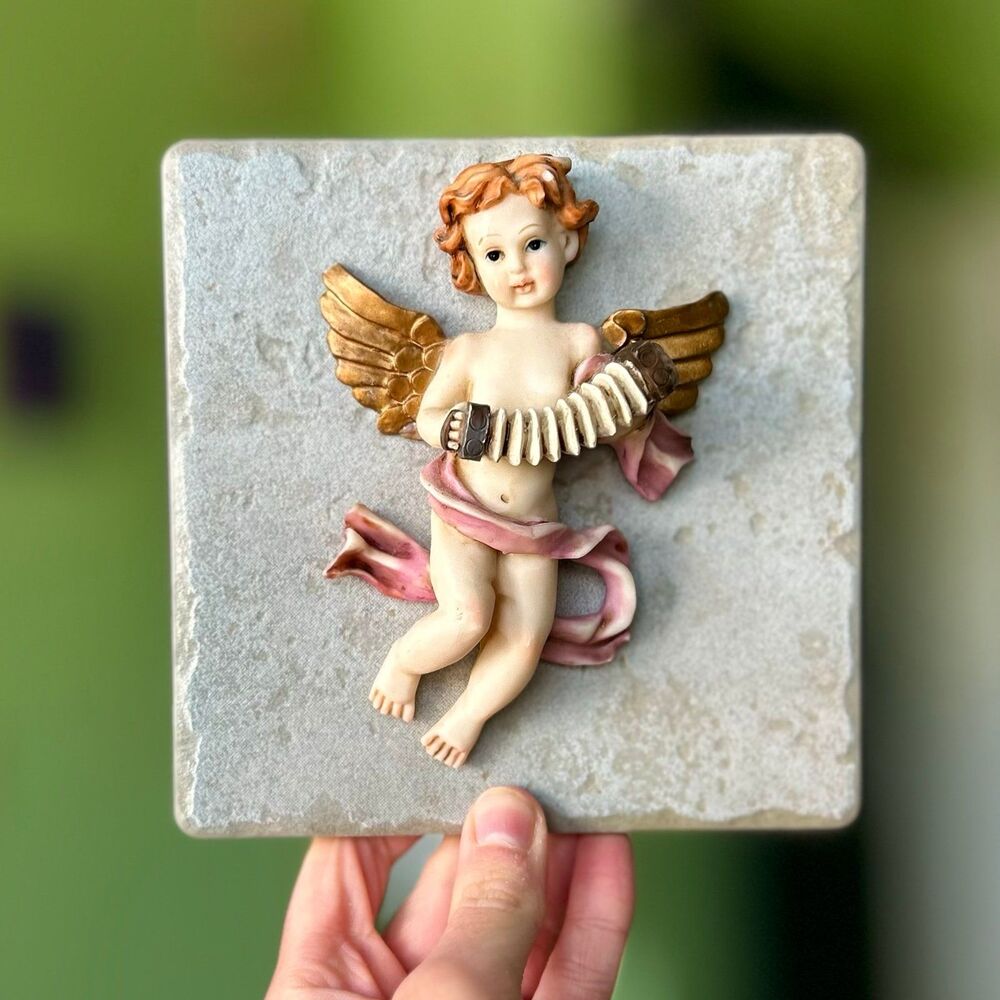 VTG 3D Textured Faith Based Angel Playing Instrument Plaque Wall Sign